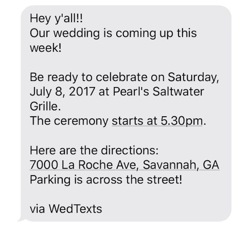Sanders wedding wedtexts text message reminder wedding details