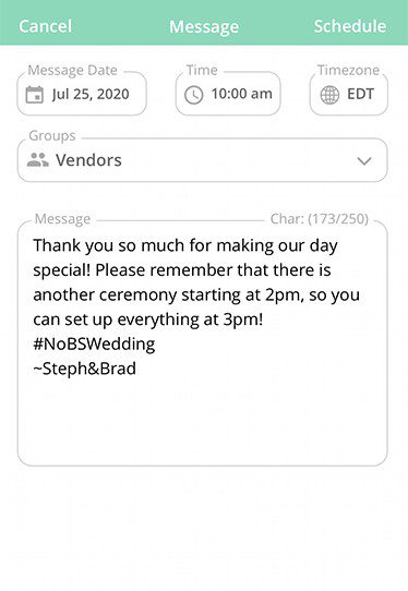 “Thank you so much for making our day special! Please remember there is another ceremony starting at 2pm, so you can set up everything at 3pm!”