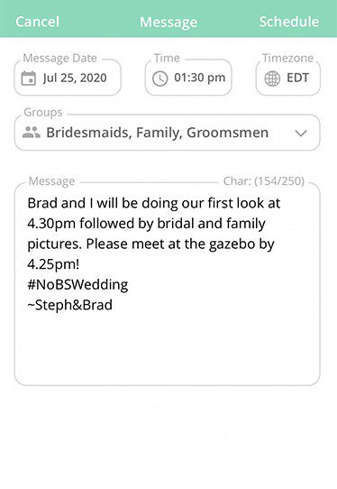 wedding weekend timeline “Brad and I will be doing our first look at 4.30pm followed by bridal and family pictures. Please meet at the gazebo by 4.25pm!”